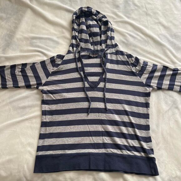 Vintage Y2K New York & Company Sport navy and grey striped hoodie tshirt medium - Picture 2 of 6